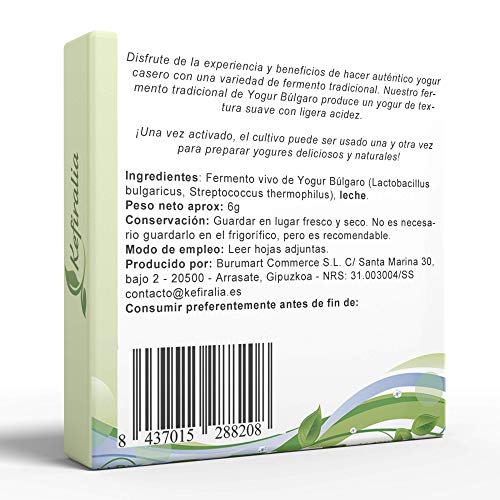 Fermento de Yogur Búlgaro (Reusable de forma ilimitada) + Instrucciones + Recetas + Ayuda y asesoramiento en español - KEFIRALIA® Fermento de Yogur Búlgaro (Reusable de forma ilimitada) + Instrucciones + Recetas + Ayuda y asesoramiento en español - KEFIRALIA®