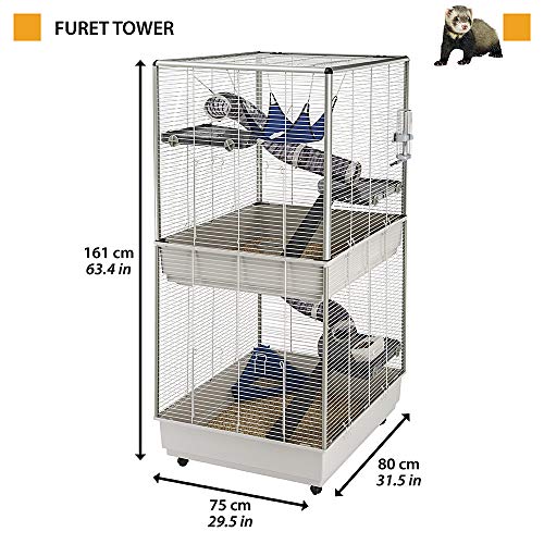 Ferplast Jaula para Hurones FURET Tower, Estructura Vertical en Varios Pisos, Ruedas y Accesorios incluidos, Alambre Pintado Gris y plástico, 75 x 80 x h 161 cm