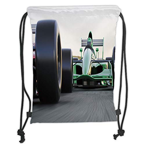 Fevthmii Drawstring Backpacks Bags,Cars,Motorized Sports Theme Indy Cars on Asphalt Road with Motion Blur Formula Race,Grey Black Green Soft Satin,5 Liter Capacity,Adjustable String Closure