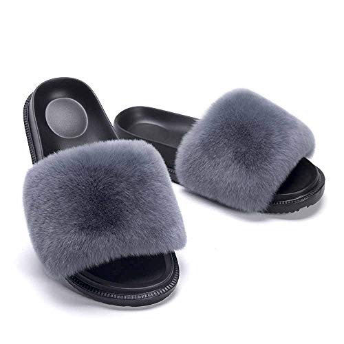 FGA Zapatos Slippers Mujer,Peluche Conejo Rex Suela De EVA Plana Chanclas Sandalia Suela Antideslizante Resistente Al Desgaste Súper Esponjoso Plush Slippers Punta Abierta Mullido Plano Outdoor/Indoor