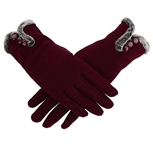 fgsdd Guantes de invierno para mujer, cálidos, para pantalla táctil, de piel burdeos Vino