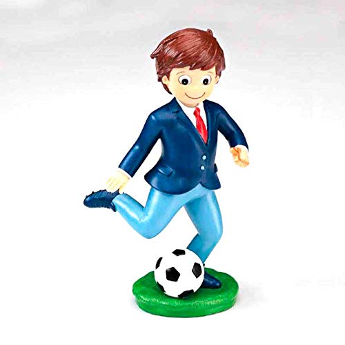 Figura para tarta de Comunión, niño con balón de fútbol. Muñeco pastel de Primera Comunión.