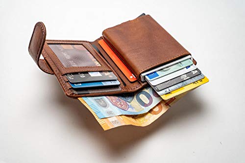 Figuretta Titular de la Tarjeta de crédito en Cuero con Billetes y Monedas - Cartera Delgada de Billetera - Protección RFID - Vintage Quemado