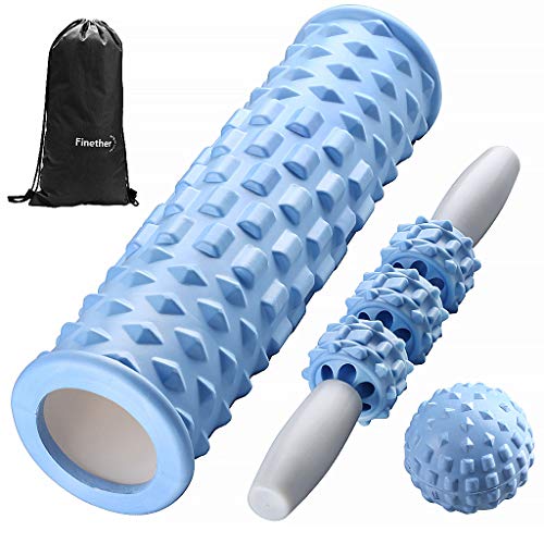 Finether Rodillo de Espuma 3 en 1 para Masaje Muscular, Foam Roller, Juego de Masajeador con Bola de Masaje Rodillo de Palo para Masaje, Azul Bebé