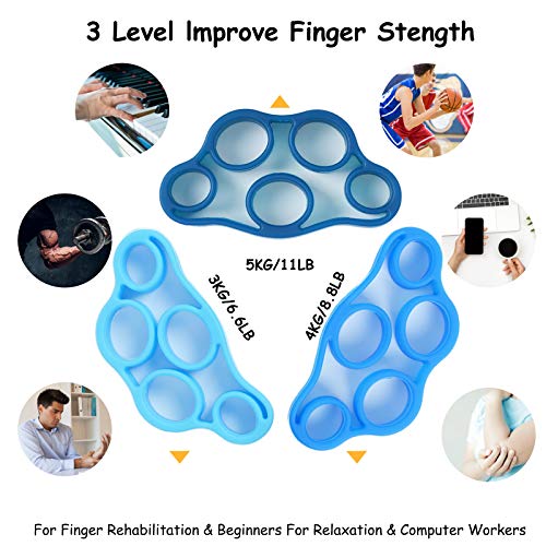 Finger Stretcher & bandas de resistencia de mano, extensor de dedo, ejercitador de fuerza de agarre, entrenador para artritis, carpal, aliviar el dolor de muñeca, ejercicio de antebrazo (3 piezas)