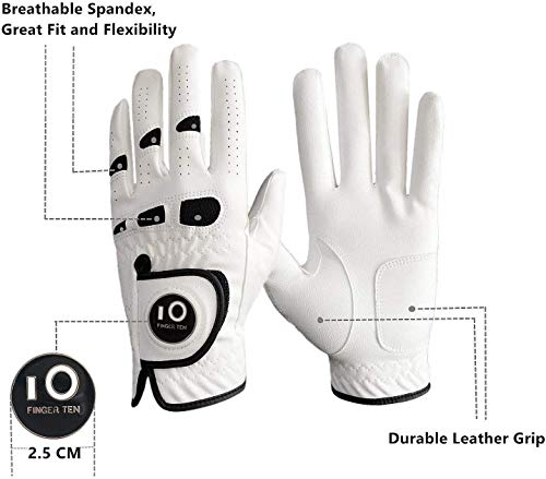 FINGER TEN Guante de Golf para Hombre, Mano Izquierda, Derecha, con Marcador de Bola, Paquete Value 2, Weathersof Grip Soft Cómodo, Tamaño de Ajuste Pequeño Mediano (Cadet M, Worn on Left Hand)