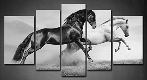 First Wall Art 5 Panel Negro Y Blanco Caballos Corriendo En Pradera En VeranoPintura de la Pintura de la Pared La impresión de la Imagen Decoración Moderna del Ministerio del Interior