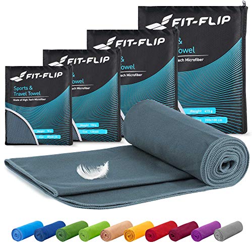 Fit-Flip Toallas Microfibra – 15 Colores, 6 tamaños – Ultraligera y compacta – Toalla Microfibra Grande Toalla Playa Microfibra y Toalla Deporte Gimnasio (2X 40x80cm + 1 Bolsa, Gris Oscuro)