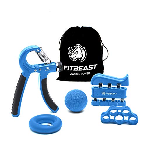 FitBeast Kit de Entrenamiento para Ejercitar el Agarre – Paquete de 5 Piezas, Pinzas para Manos Ajustables, Ejercicio para Dedos, para Estirar los Dedos, Anillo para Entrenar y Pelota Anti Estrés