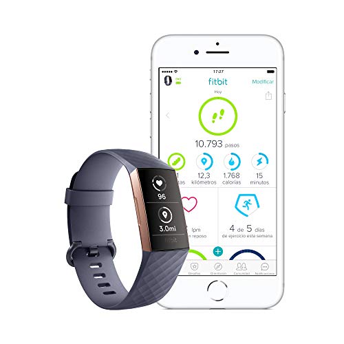 Fitbit Charge 3 Pulsera Avanzada de Salud y Actividad física, Unisex-Adult, Gris Azulado/Aluminio Color Oro Rosa, Talla Unico