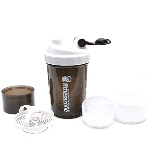 FITNESS ZONE | Shaker 650 ml Libre de BPA | Bottle Cocktail Multiusos Para Batidos, Proteínas u Otras Bebidas | Tapón Anti-Apertura | Coctelera y Mezcladora con Compartimentos y Rejilla de Acero