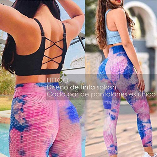 FITTOO Leggings Push Up Mujer Mallas Pantalones Deportivos Alta Cintura Elásticos Yoga Fitness #1 Azul& Rosa S