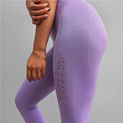 FITTOO Leggings Sin Costuras Corte de Malla Mujer Pantalon Deportivo Alta Cintura Yoga Elásticos Fitness Seamless #1 Morado Claro Medium