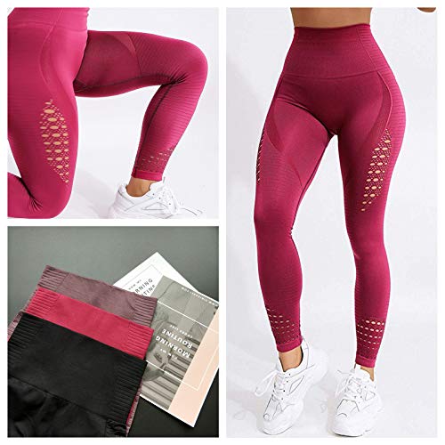 FITTOO Leggings Sin Costuras Corte de Malla Mujer Pantalon Deportivo Alta Cintura Yoga Elásticos Fitness Seamless #1 Rojo Small