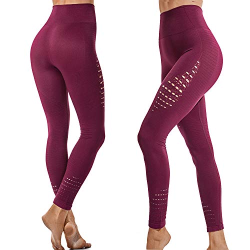 FITTOO Leggings Sin Costuras Corte de Malla Mujer Pantalon Deportivo Alta Cintura Yoga Elásticos Fitness Seamless #1 Rojo Small