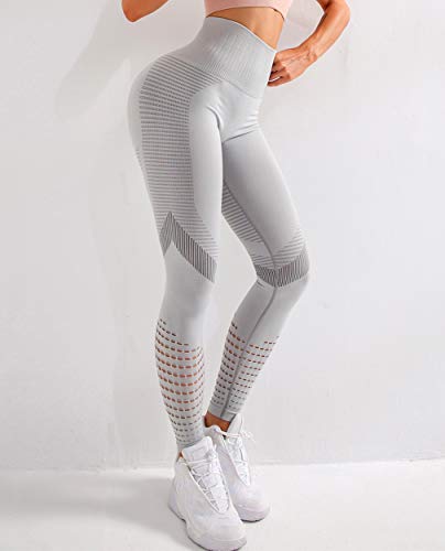 FITTOO Leggings Sin Costuras Corte de Malla Mujer Pantalon Deportivo Alta Cintura Yoga Elásticos Fitness Seamless #4 Gris Medium