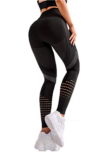 FITTOO Leggings Sin Costuras Corte de Malla Mujer Pantalon Deportivo Alta Cintura Yoga Elásticos Fitness Seamless #4 Negro Medium