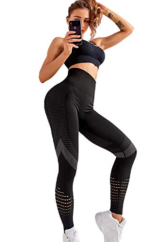 FITTOO Leggings Sin Costuras Corte de Malla Mujer Pantalon Deportivo Alta Cintura Yoga Elásticos Fitness Seamless #4 Negro Medium