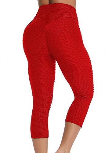 FITTOO Mallas 3/4 Leggings Capris Mujer Pantalones Yoga Alta Cintura Elásticos Super Suave #1 Rojo L