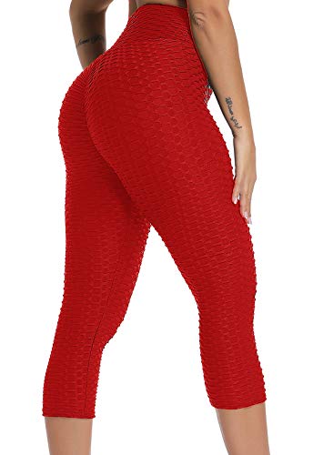 FITTOO Mallas 3/4 Leggings Capris Mujer Pantalones Yoga Alta Cintura Elásticos Super Suave #1 Rojo L