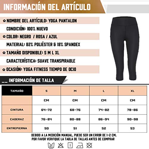 FITTOO Mallas 3/4 Leggings Mujer Pantalones de Yoga Alta Cintura Elásticos y Transpirables Negro S