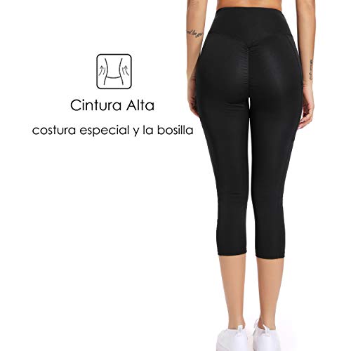 FITTOO Mallas 3/4 Leggings Mujer Pantalones de Yoga Alta Cintura Elásticos y Transpirables Negro S