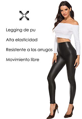 FITTOO Mujeres PU Leggins Cuero Brillante Pantalón Elásticos Pantalones para MujerG300-2 Negro Mate 2XL