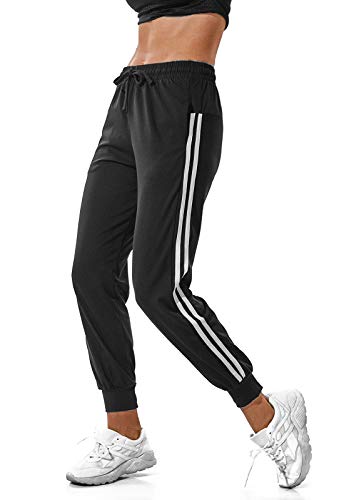 FITTOO Pantalon Chandal Mujer Largos Pantalones Deporte Yoga Fitness Jogger Pantalones Rayas Negro M