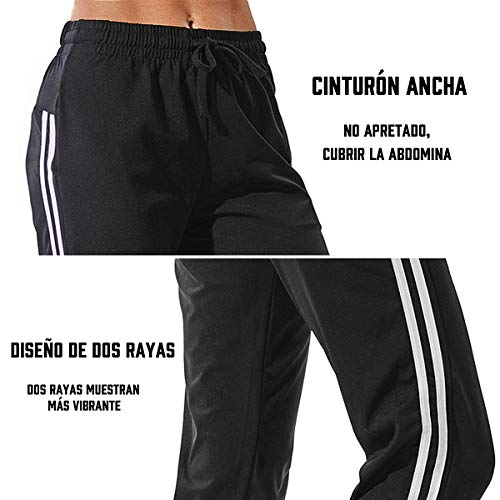 FITTOO Pantalon Chandal Mujer Largos Pantalones Deporte Yoga Fitness Jogger Pantalones Rayas Negro M