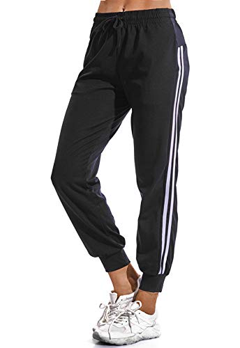 FITTOO Pantalon Chandal Mujer Largos Pantalones Deporte Yoga Fitness Jogger Pantalones Rayas Negro M