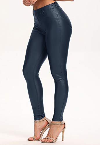 FITTOO PU Leggings Cuero Imitación Pantalón Elásticos Cintura Alta Push Up para Mujer #1 Bolsillo Falso Poca Terciopelo Azul S