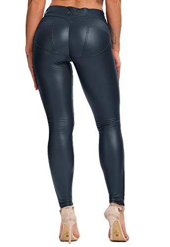 FITTOO PU Leggings Cuero Imitación Pantalón Elásticos Cintura Alta Push Up para Mujer #1 Bolsillo Falso Poca Terciopelo Azul S