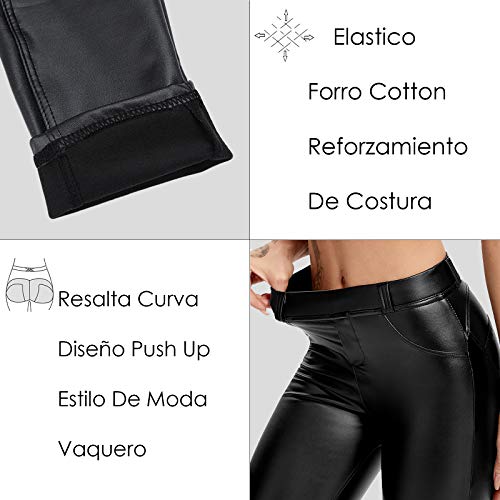 FITTOO PU Leggings Cuero Imitación Pantalón Elásticos Cintura Alta Push Up para Mujer #1 Bolsillo Falso Poca Terciopelo Negro L