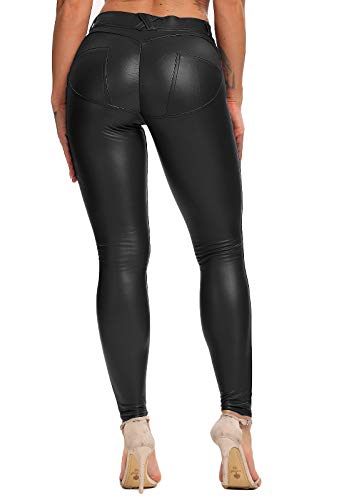 FITTOO PU Leggings Cuero Imitación Pantalón Elásticos Cintura Alta Push Up para Mujer #1 Bolsillo Falso Poca Terciopelo Negro L