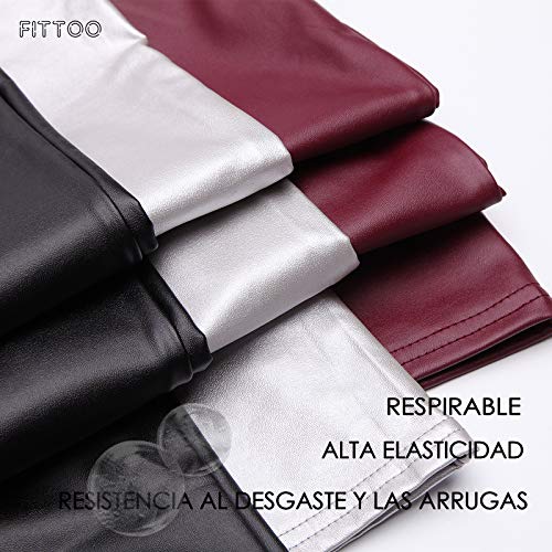 FITTOO PU Leggings Cuero Imitación Pantalón Elásticos Cintura Alta Push Up para Mujer #1 Bolsillo Falso Poca Terciopelo Negro S