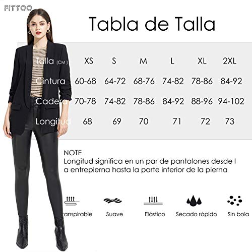 FITTOO PU Leggings Cuero Imitación Pantalón Elásticos Cintura Alta Push Up para Mujer #1 Bolsillo Falso Poca Terciopelo Negro XL