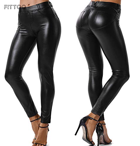 FITTOO PU Leggings Cuero Imitación Pantalón Elásticos Cintura Alta Push Up para Mujer #1 Bolsillo Falso Poca Terciopelo Negro XL