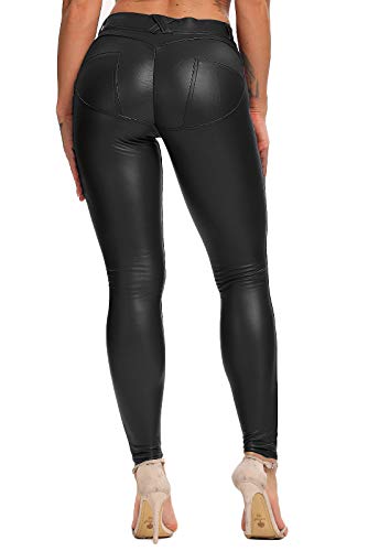 FITTOO PU Leggings Cuero Imitación Pantalón Elásticos Cintura Alta Push Up para Mujer #1 Bolsillo Falso Poca Terciopelo Negro XL