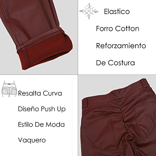 FITTOO PU Leggings Cuero Imitación Pantalón Elásticos Cintura Alta Push Up para Mujer #1 Bolsillo Falso Poca Terciopelo Rojo M
