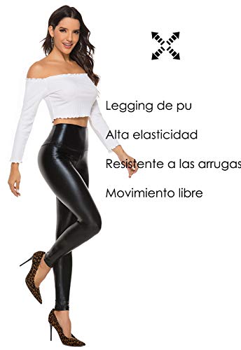 FITTOO PU Leggings Cuero Imitación Pantalón Elásticos Cintura Alta Push Up para Mujer #2 Clásico Negro Brillante XS