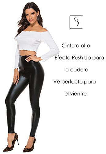 FITTOO PU Leggings Cuero Imitación Pantalón Elásticos Cintura Alta Push Up para Mujer #2 Clásico Negro Brillante XS