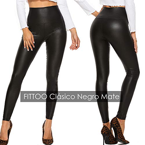 FITTOO PU Leggings Cuero Imitación Pantalón Elásticos Cintura Alta Push Up para Mujer #2 Clásico Negro Mate L