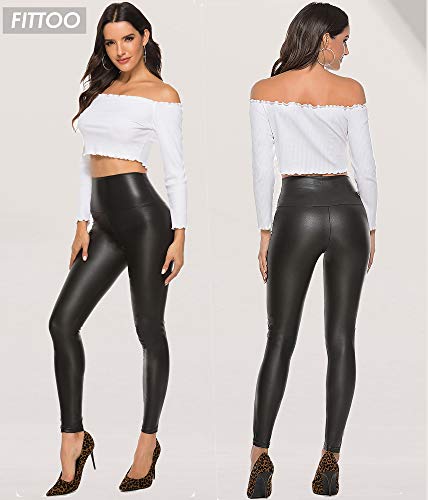 FITTOO PU Leggings Cuero Imitación Pantalón Elásticos Cintura Alta Push Up para Mujer #2 Clásico Negro Mate S