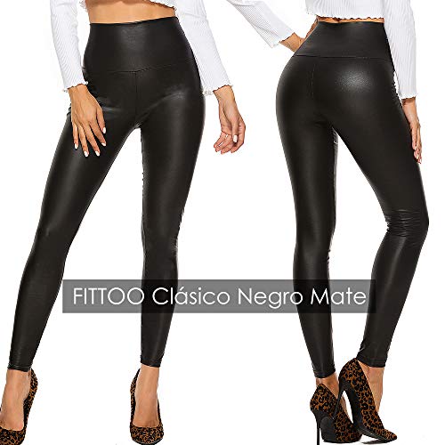 FITTOO PU Leggings Cuero Imitación Pantalón Elásticos Cintura Alta Push Up para Mujer #2 Clásico Negro Mate S