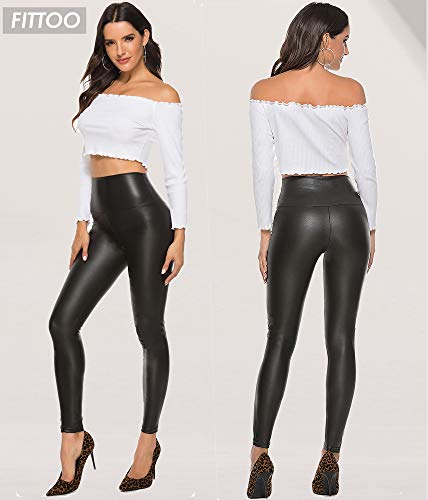 FITTOO PU Leggings Cuero Imitación Pantalón Elásticos Cintura Alta Push Up para Mujer #2 Clásico Negro Mate XS