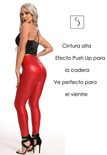 FITTOO PU Leggings Cuero Imitación Pantalón Elásticos Cintura Alta Push Up para Mujer #2 Clásico Rojo M