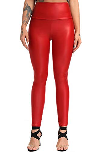 FITTOO PU Leggings Cuero Imitación Pantalón Elásticos Cintura Alta Push Up para Mujer #2 Clásico Rojo M