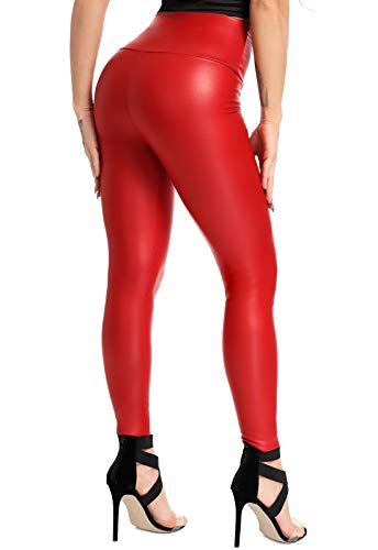 FITTOO PU Leggings Cuero Imitación Pantalón Elásticos Cintura Alta Push Up para Mujer #2 Clásico Rojo M