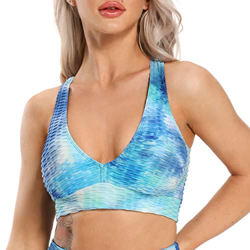 FITTOO Soutien-Gorge de Sport Femme Anti-Cellulite Tops Col V Yoga Haut de Maillot Tie-Dyed Bikini Pour Gym Fitness Plage Bra Push Up Débardeur