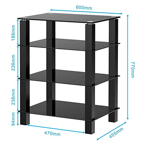 FITUEYES Mueble HiFi para Equipo de Música Mueble Auxiliar TV con 4 Estante de Vidrio Templado 60 x 45,5 x 77 cm